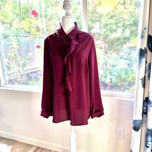 Chicos, 3X, 100% polyester, burgundy blouse with ruffles down the front.